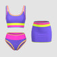 🏖️👙Színes blokkos, patchwork mintás, nylonból készült, sportos, 3 részes bikini szett