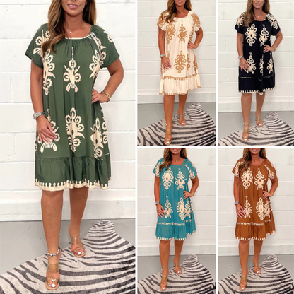 🔥Tavaszi/nyári forró eladó - 👗Retro nyomtatott kerek nyakú ruha