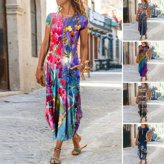 【S-3XL】🌸Női virágmintás rövid ujjú hosszú ruhák