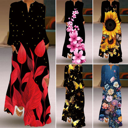 【S-4XL】🌺Elegáns, hosszú ujjú, V-nyakú, nyomtatott ruha