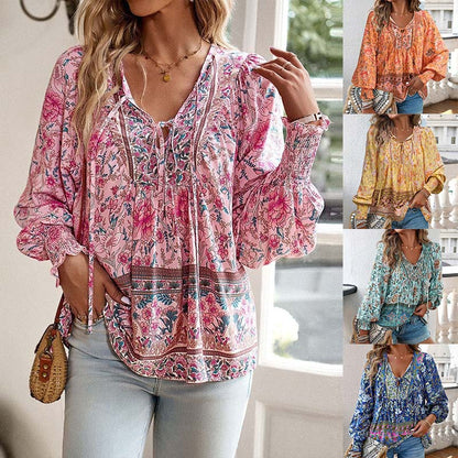 【S-2XL】🌺Női divatos, hosszú ujjú, nyomtatott V-nyakú ing