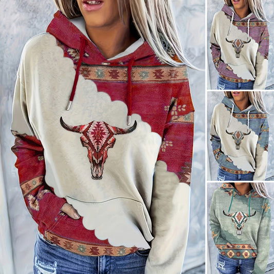 【S-2XL】💞Női egyedi tehén koponya nyomtatott kapucnis pulóver