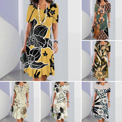 【S-4XL】🌸Női kerek nyakú, nyomtatott midi ruha