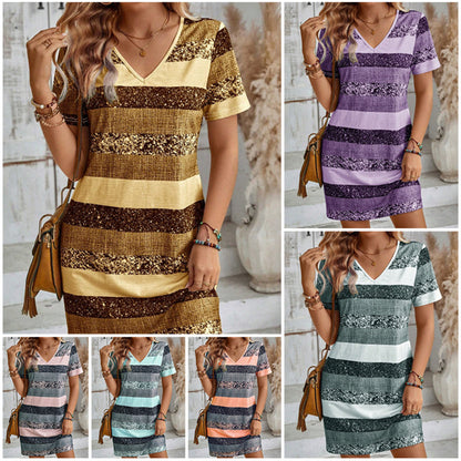 【S-3XL】🌈V-nyakú, színes blokkos csíkos ruha