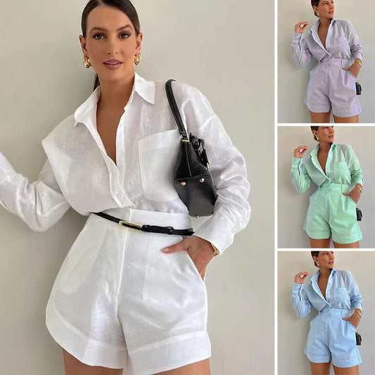 【M-2XL】👚Női elegáns, hosszú ujjú ing és rövidnadrág kétrészes szett