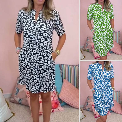 【S-3XL】💖 Női Lezser Rövid Ujjú V-Nyakú Mintás Ruha