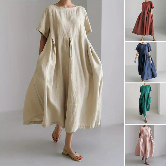 【S-4XL】👗Női alkalmi laza, laza, kerek nyakú ruha zsebekkel