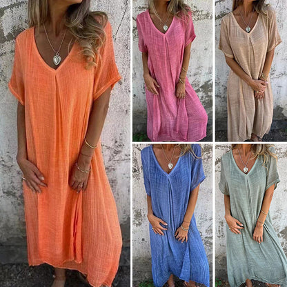 【M-3XL】👗Egyszínű ruha V-nyakkivágással