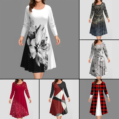 【S-4XL】🥀Kerek nyakú, nyomtatott, hosszú ujjú ruha