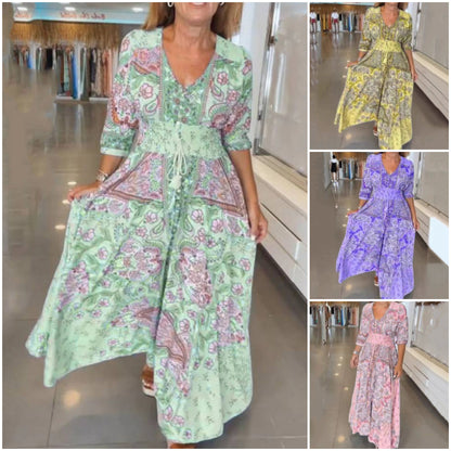 【S-4XL】🌺Női elegáns virágos virágos húzózsinór hosszú ruha