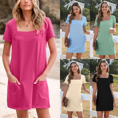 【S-2XL】💕Négyzet alakú nyak zseb rövid ujjú ruha
