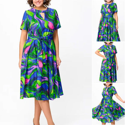 【S-4XL】🌈Női rövid ujjú derekú nyomtatott midiruha