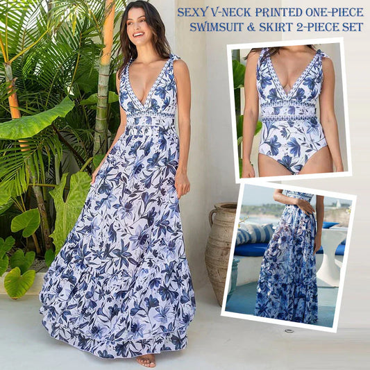2026🩱V nyak csipke nyomtatás egyrészes fürdőruha és szoknya