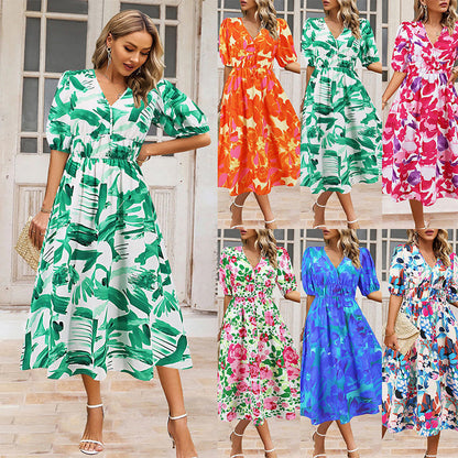 【S-2XL】💐Női V-nyakú nyomtatott alkalmi ruha