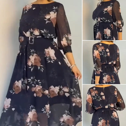 【S-4XL】🌺Kerek nyakú virágos Flowy ruha övvel