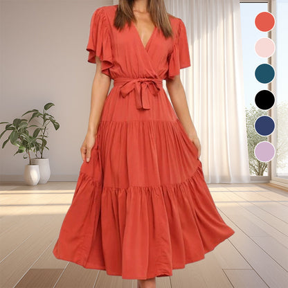 【S-2XL】👗Női V-nyakú derékszíjas rakott ruha