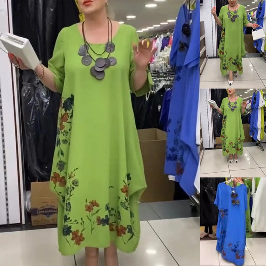 【S-4XL】👗Női nyomtatott kerek nyakú ruha szabálytalan szegéllyel