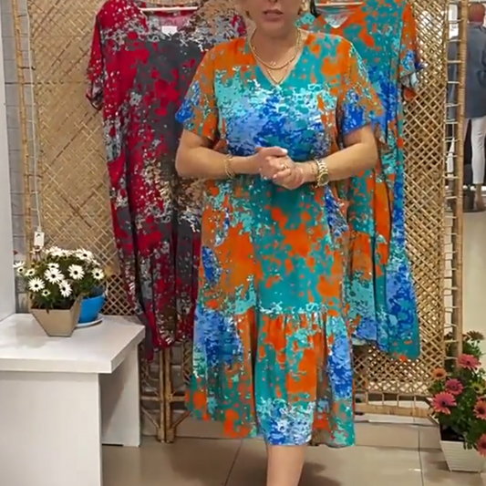 【S-3XL】🌈Női nyomtatott V-nyakú ruha rakott szegéllyel