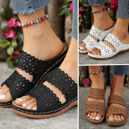 【EU 36-43】👡Női alkalmi lapos alsó üreges virágos papucsok