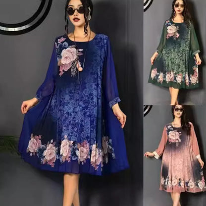 【S-4XL】✨Női virágmintás, kerek nyakú, hálós ujjú ruha