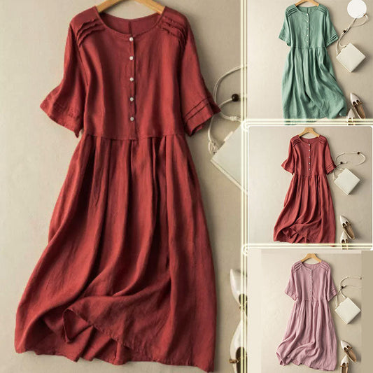 【M-2XL】💘Rövid ujjú pamutvászon ingruha retró stílusban