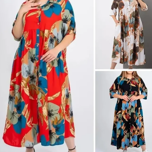 【2XL-4XL】🌺Női laza hajtókás nyomtatott gomb-down hosszú ruha