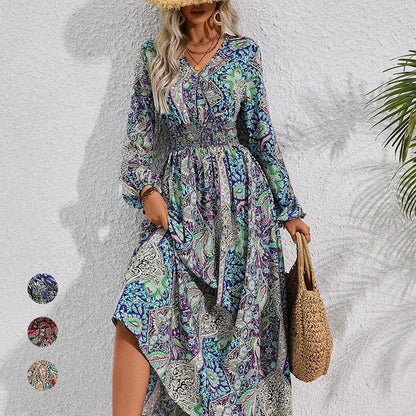 【M-4XL】🌺V-nyakú mintás hosszú ujjú maxi ruha