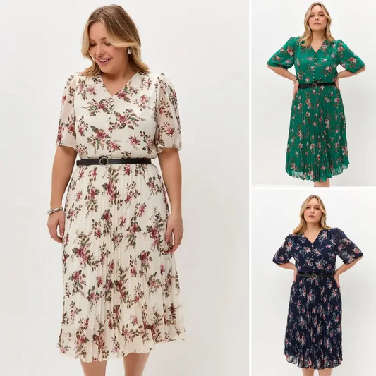 【S-4XL】💐 Elegáns virágos pliszírozott ruha