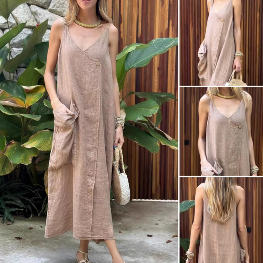 【S-XL】👗Spagetti pántos V-nyakú laza midi ruha