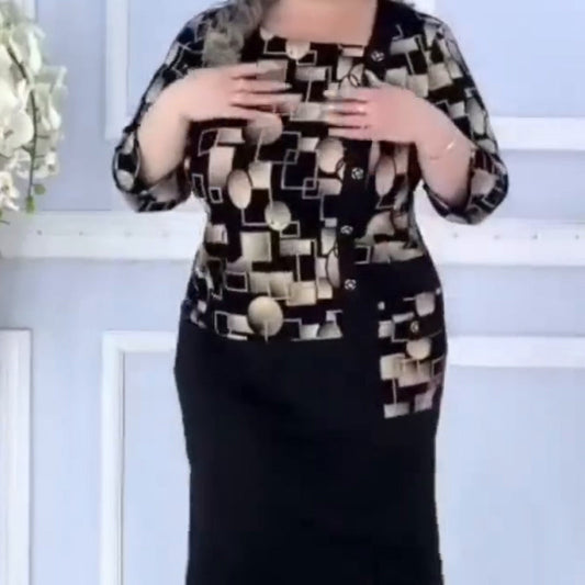 【S-4XL】🌺Női négyzet alakú nyak geometrikus nyomtatás Midi ruha