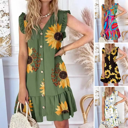 【S-2XL】💖Női ujjatlan V-nyakú gombos mini ruha