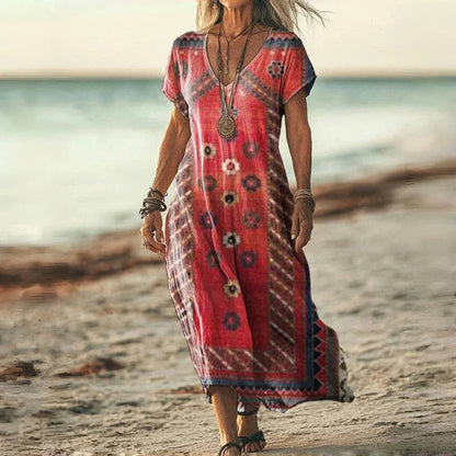 【S-3XL】🌺Női nyomtatott V-nyakú, rövid ujjú, hosszú ruha