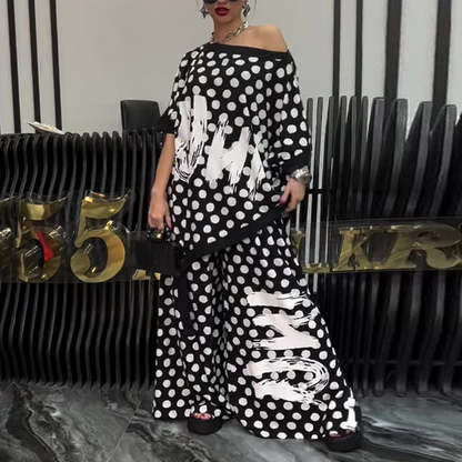 【S-3XL】💞Női divat laza felső + széles szárú nadrág szett