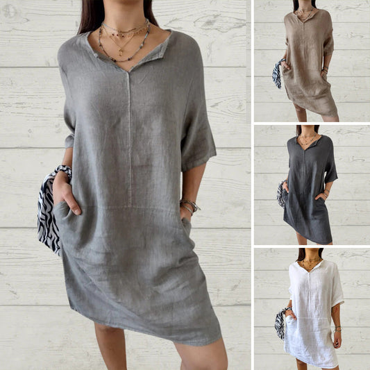 【S-2XL】🌿Női alkalmi szilárd V-nyakú laza laza ruhát