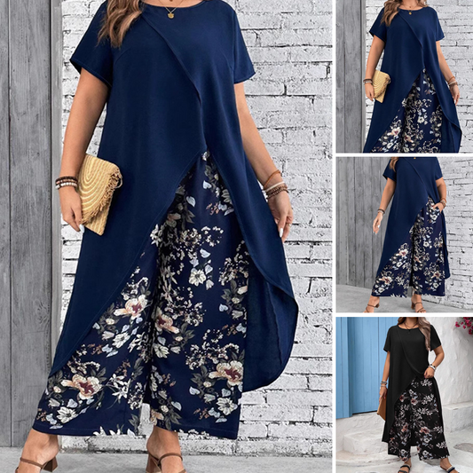 【L-4XL】🌺Női egyszínű felső és nyomtatott nadrág szett