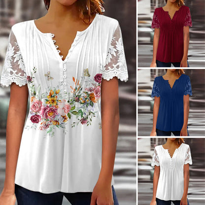 【S-2XL】👚Női csipke ujjú nyomtatott felső