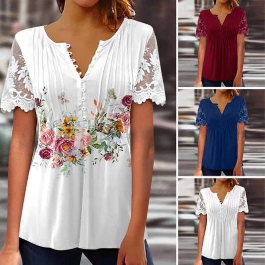 【S-2XL】👚Női csipke ujjú nyomtatott felső