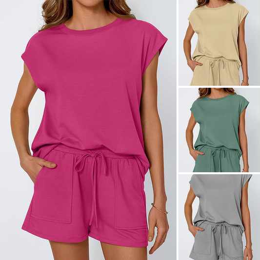 【S-XL】💯Női kereknyakú felső és rövidnadrág 2 részes szett