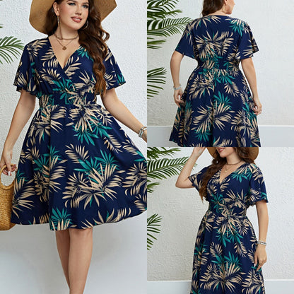 【XL-4XL】🍂Női midi ruha V-nyakkal, nyomtatott mintával és szűk derekú