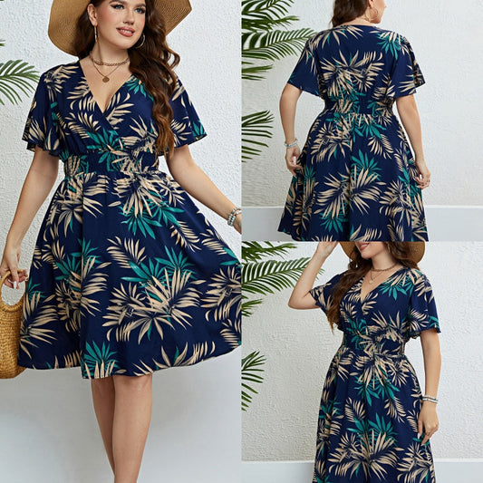 【XL-4XL】🍂Női midi ruha V-nyakkal, nyomtatott mintával és szűk derekú