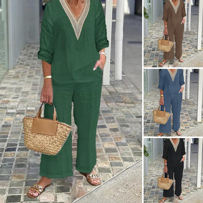 【S-3XL】✨Női V-nyakú felső és széles szárú nadrág