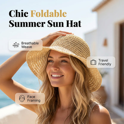 👒 Női, kézzel szőtt, széles karimájú szalmakalap | UPF 50+ napvédelem, összecsukható, lélegző ☀️✨