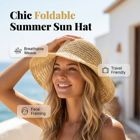 👒 Női, kézzel szőtt, széles karimájú szalmakalap | UPF 50+ napvédelem, összecsukható, lélegző ☀️✨