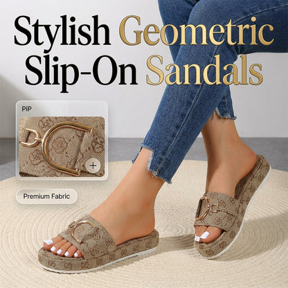 👡 Lépjen elegánsan és könnyedén – Stílusos geometrikus slip-on szandál szőtt textúrával és arany színű díszítéssel – Utánvétes ✨