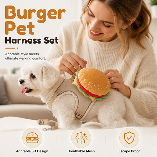⏳50% kedvezmény⏰Aranyos hamburgeres kutyahám és póráz szett mini hátizsákkal🍔🦮
