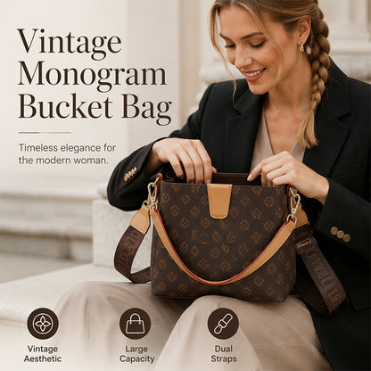 👜Női vintage, monogramos vödörtáska állítható vállpánttal🌙