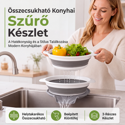 🥬 3 darabos összecsukható szűrőszett (lecsapoló talppal) – élelmiszer-biztonsági minőségű szilikon