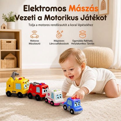 4 darabos mágneses elektromos játékautó-készlet hanggal és fénnyel, rajzfilm stílusú, egymásra rakható és guruló autók csecsemők és kisgyermekek számára