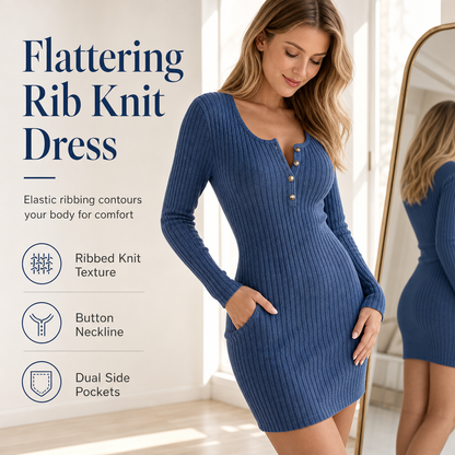 Női őszi-téli egyszínű hosszú ujjú slim fit testhezálló gombos ruha